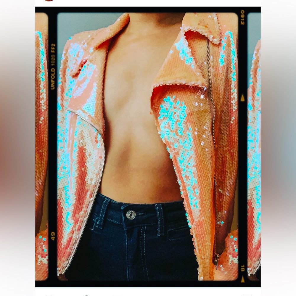 Bottle Blonde Studio iridescent coral sequin biker jacket